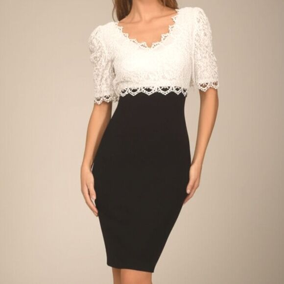 Vintage 90s Scott McClintock Black & Cream Lace Fringe Collar Dress Womens S 4/6 - Picture 1 of 7